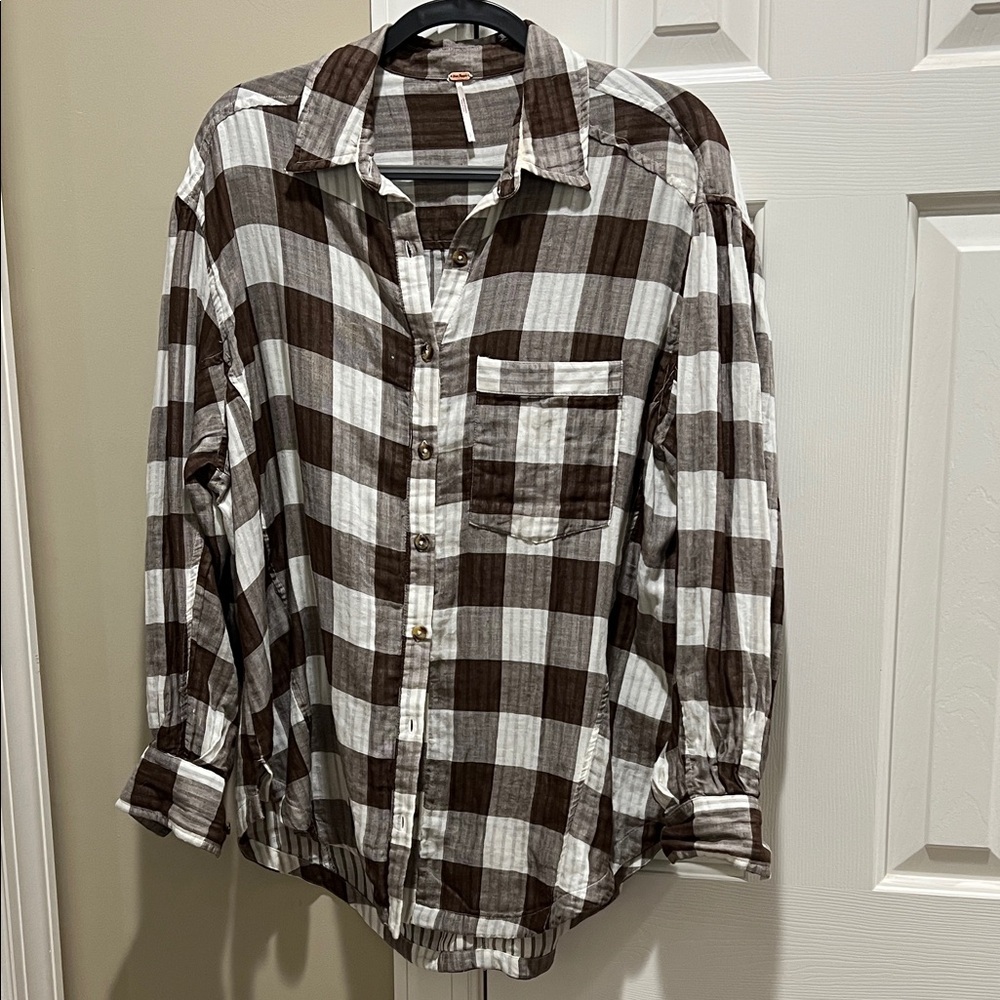 Free People Brown and White Plaid Men's Shirt